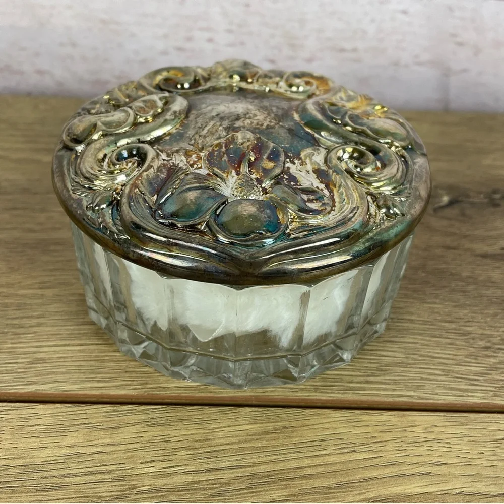 Vintage Crystal Jewelry Trinket Dresser Powder Box Pewter Mirror Cover Lid